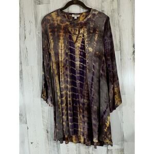 Umgee Tunic Top‎ Size Small Gray Purple Gold Tie Dye Gauzy Crinkly Stretchy